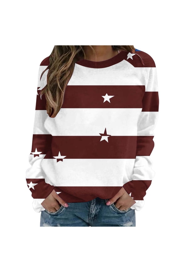 Women’s Striped Star Sweatshirt Long Sleeve Crewneck Casual Pullover Tops Fall Winter Shirt Brown L