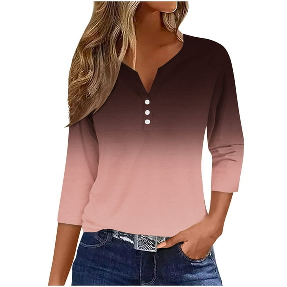 YUGYXL Women's Summer 3/4 Sleeve Tees Comfy Breathable Tie-Dye Henley Shirt Soft Lightweight Button V-Neck Tunics Trendy Plus Size Slim Fit Pullover Tops Today