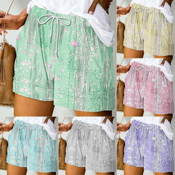 YUGYXL Women's Summer Printed Shorts Drawstring Dressy Beach Shorts with 4 Pockets Stretch Waist Comfy Short Pants Clearance Gray XL