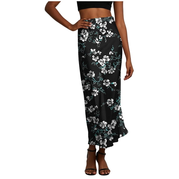 YUGYXL Women’s Summer Satin Midi Skirt Elegant Elastic High Waisted A-Line Business Casual Skirts Black XL