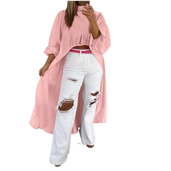 YUGYXL Women's Sun Protection Asymmetrical High Low Shirt Dressy Mock Neck Lantern Long Sleeve Blouse Casual Back Zipper Tunic Tops Pink XL