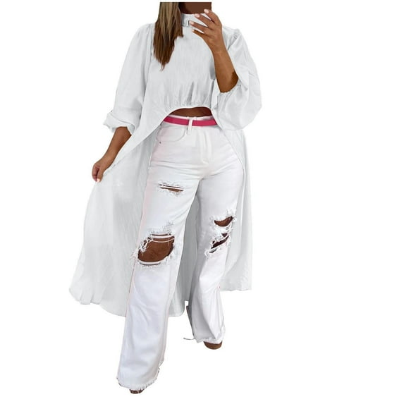 YUGYXL Women's Sun Protection Asymmetrical High Low Shirt Dressy Mock Neck Lantern Long Sleeve Blouse Casual Back Zipper Tunic Tops White M