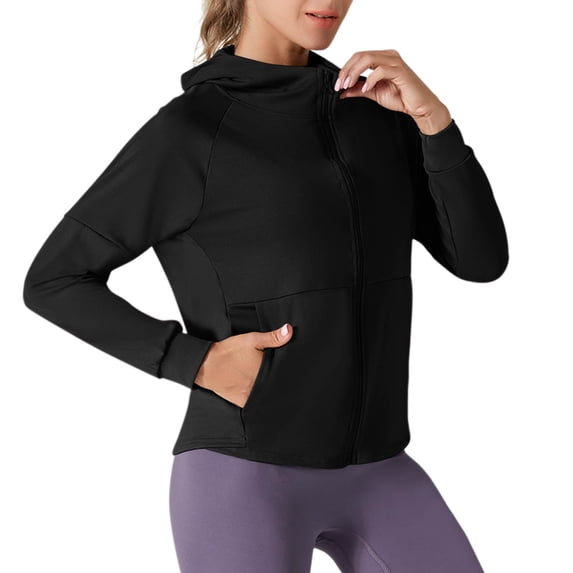 YUGYXL Women's Sun Protection Hoodie Jacket Lightweight Full Zip Athletic Jacket Raglan Long Sleeve Shirt with Pockets Black M