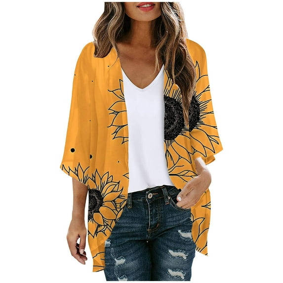YUGYXL Women's Sunflower Graphic Kimono Cardigan Lightweight Loose 3/4 Sleeve Chiffon Cover Up Casual Capes Boho Swing Sheer Draped Tops