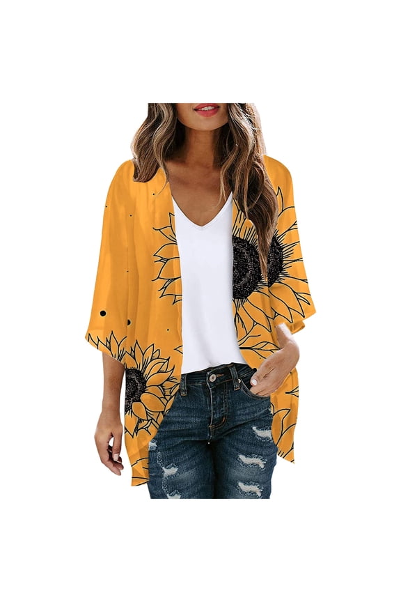 Women's Sunflower Graphic Kimono Cardigan Lightweight Loose 3/4 Sleeve Chiffon Cover Up Casual Capes Boho Swing Sheer Draped Tops