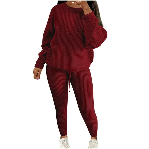 YUGYXL Women's Sweater Set 2 Piece Outfits Long Sleeve Knit Crew Neck Pullover Top Drawstring Pants Yoga Leggings Loungewear Wine XXL