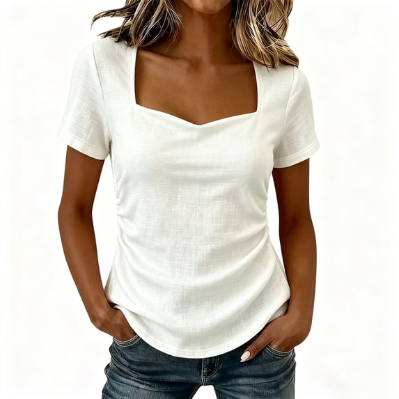 YUGYXL Women's Sweetheart Neck Short Sleeve Shirts Slim Fit Ruched Tops Going Out Y2K Cute Summer T-Shirts Tees White Top L