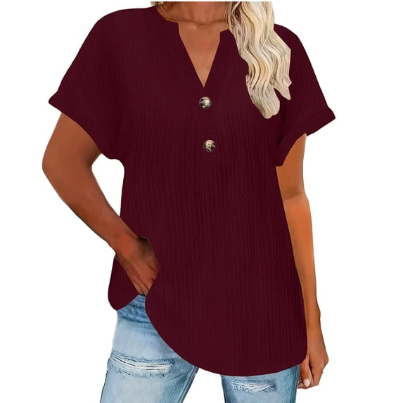YUGYXL Women's Textured Henley V Neck Tops Short Long Sleeve Blouses Button Down Fit Casual Office Fashion Wine S