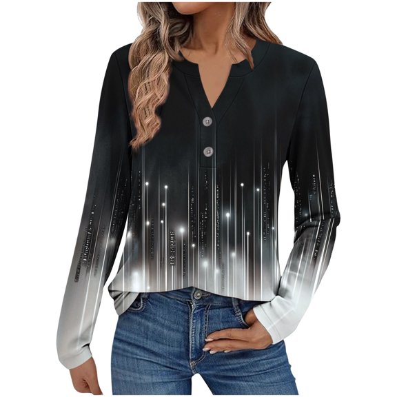 YUGYXL Women's Tops Flower Graphic Long Sleeve Shirts Casual V Neck Button Henley Blouses Fashion Patchwork Floral Tunic Fall Black L