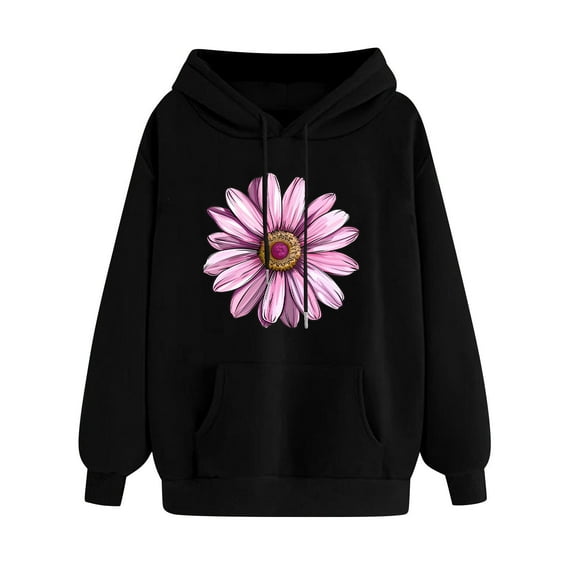 YUGYXL Women's Trendy Flower Print Hoodie Fall Winter Drawstring Sweatshirt Cute Comfy Hoodies with Pocket Black XL