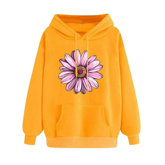 YUGYXL Women's Trendy Flower Print Hoodie Fall Winter Drawstring Sweatshirt Cute Comfy Hoodies with Pocket Yellow S