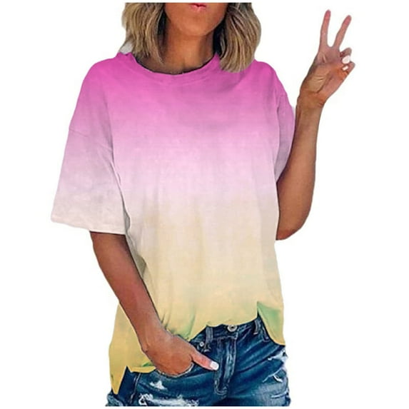 YUGYXL Women's Trendy Tie-Dye Shirts Plus Size Short Sleeve Pullover Tops Summer Casual Loose Fit Crewneck Blouse Teen Girl Outdoor T shirt Sale