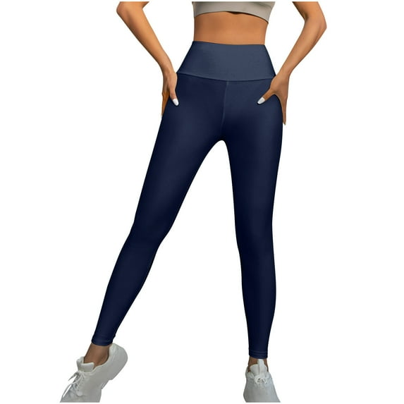 YUGYXL Women's Tummy Control Yoga Pants Outdoor Solid Color Full Length Leggings High Waist Basic Fit Legging Navy M