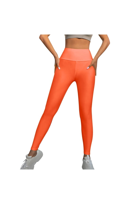 Women's Tummy Control Yoga Pants Outdoor Solid Color Full Length Leggings High Waist Basic Fit Legging Orange XL
