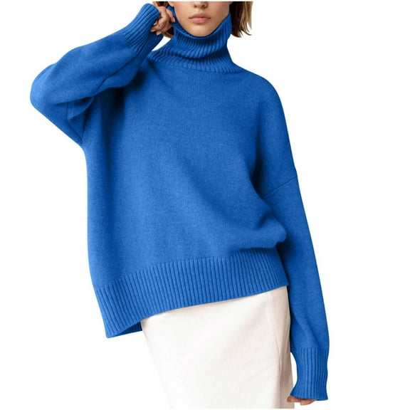 YUGYXL Women's Turtleneck Sweater Chunky Long Sleeve Knitted Pullover High Low Hem Trendy Fall Winter Basic Jumper Top Blue L