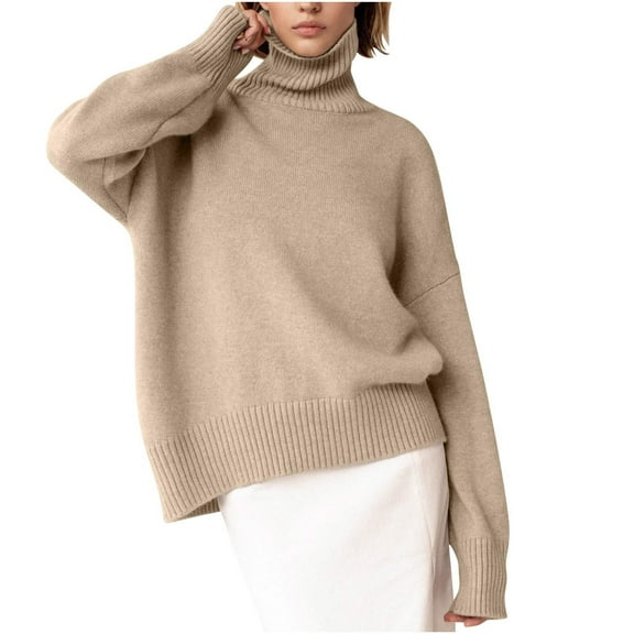 YUGYXL Women's Turtleneck Sweater Chunky Long Sleeve Knitted Pullover High Low Hem Trendy Fall Winter Basic Jumper Top Khaki M