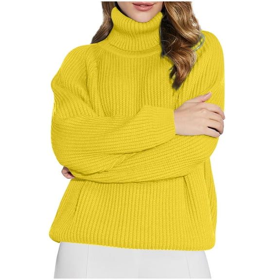 YUGYXL Women's Turtleneck Sweater Long Sleeve Pullover Trendy Fall Winter Jumper Basic Chunky Casual Loose Solid Color Top Yellow XL