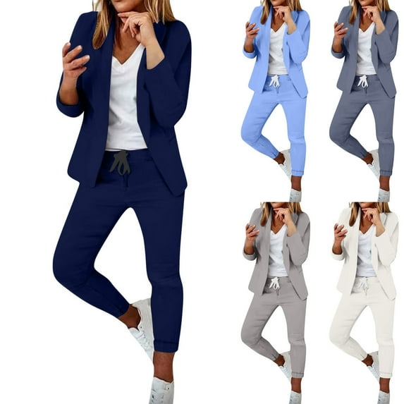 YUGYXL Women's Two Piece Casual Blazer Outfits Fashion Suit Sets Notched Lapel Trendy Blazer and Stretch Sweatpants Comfy Work Outfit Gift for Mom Blue,XL