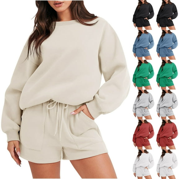 YUGYXL Women's Two Piece Casual Outfits Solid Color Thin Fleece Sweatshirt Matching Shorts Sets Plus Size Soft Comfy Sweatsuit Tracksuit Clothes Gift for Family
