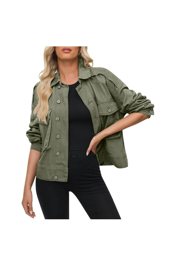 Women鈥檚 Utility Cropped Button Front Field Jacket with Patch Pockets Ladies Casual Military Style Outerwear Army Green M