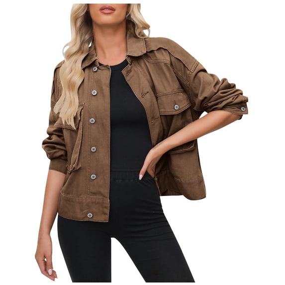 YUGYXL Women鈥檚 Utility Cropped Button Front Field Jacket with Patch Pockets Ladies Casual Military Style Outerwear Brown L