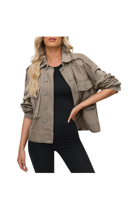 Women’s Utility Cropped Button Front Field Jacket with Patch Pockets Ladies Casual Military Style Outerwear Coffee XXL