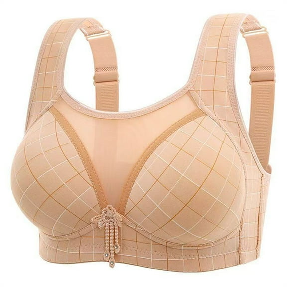 YUGYXL Women's V Mesh Bras Plaid Print Wireless Bralette Plus Size Bras Soft Comfort Sleep Bra Full Coverage T-Shirt Bra Beige 42