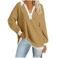 thumbnail image 1 of YUGYXL Women's V-Neck Lapel Sweatshirts Lightweight Long Sleeve Pullover Sweatshirts Trendy Solid Color Sweatshirt Fall Casual Preppy Streetwear Today's Khaki,XXL, 1 of 3