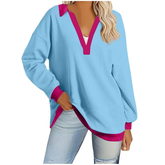 YUGYXL Women's V-Neck Lapel Sweatshirts Lightweight Long Sleeve Pullover Sweatshirts Trendy Solid Color Sweatshirt Fall Casual Preppy Streetwear Today's Blue,XXL
