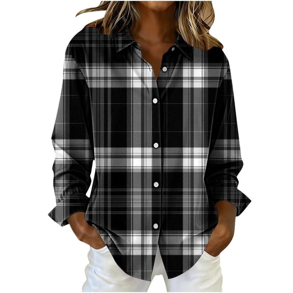 YUGYXL Women's V Neck Plaid Shirts Flannel Casual Blouses Button-Down Business Loose Tops Long Sleeve Fall Outfits Dark Gray Sweatshirt XL