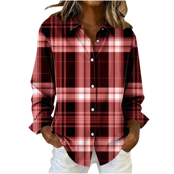 YUGYXL Women's V Neck Plaid Shirts Flannel Casual Blouses Button-Down Business Loose Tops Long Sleeve Fall Outfits Red Sweatshirt S
