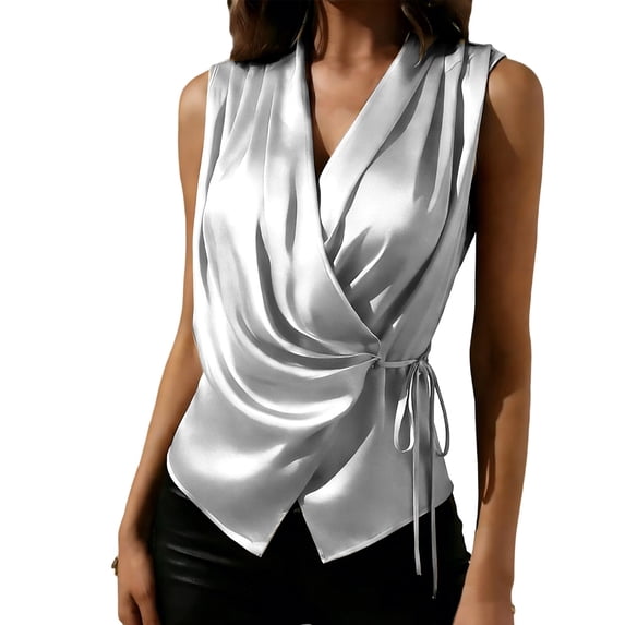YUGYXL Women's V Neck Satin Blouse Wrap Tie Side Sleeveless Shirt Summer Business Casual Tops Silver M