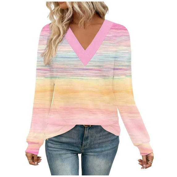 YUGYXL Women's V Neck Shirt Patchwork Long Sleeve Blouse Ladies Color Block Soft Casual Pullover Tops Fashion Tunic Top Pink S