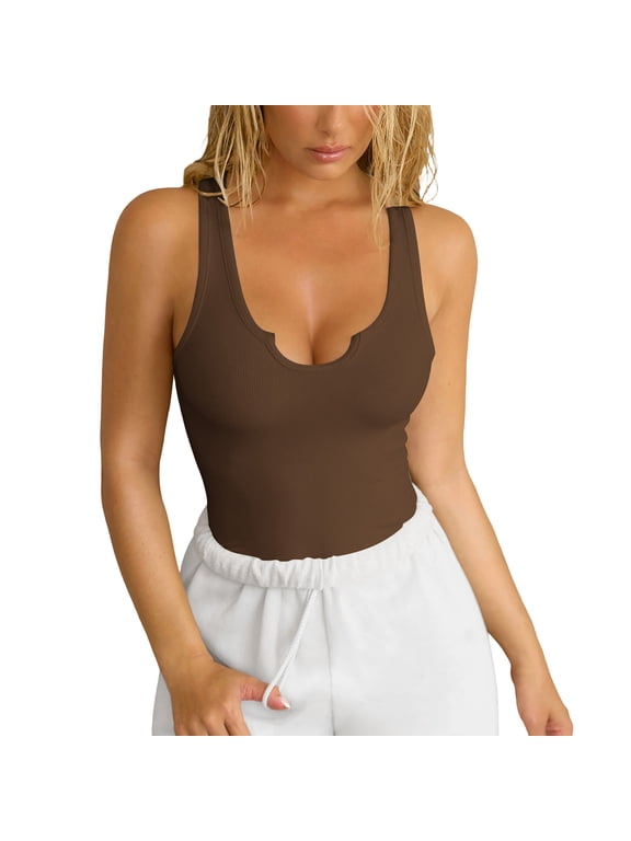 Women's V Neck Tank Tops Ribbed Sleeveless Sporty Shirts Workout T Shirts Slim Fit Tee Tops M Brown