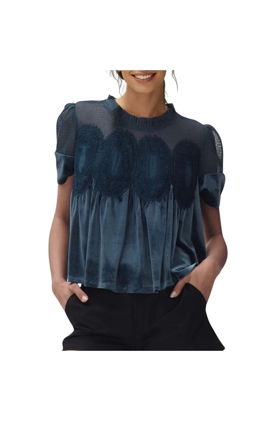 Women's Velvet Lace Blouse Casual Round Neck Short Sleeve Flared Swing Top Elegant Loose Back Design Navy M