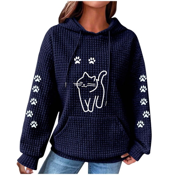 YUGYXL Women's Waffle Hoodie Drawstring Animal Print Sweatshirt Long Sleeve Comfy Hooded Pullover with Pocket Blue S