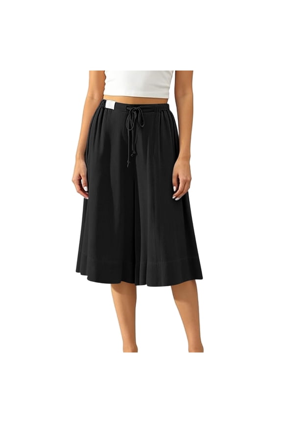Women's Wide Leg Culottes Cropped Pants with Pockets Drawstring Elastic Waist Casual Summer Flowy A-Line Trousers Black Pants L