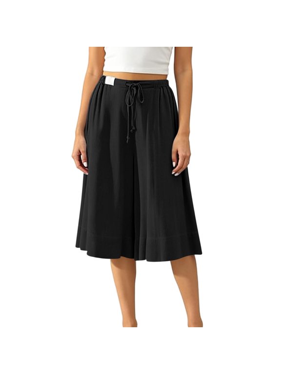 Women's Wide Leg Culottes Cropped Pants with Pockets Drawstring Elastic Waist Casual Summer Flowy A-Line Trousers Black Pants XL