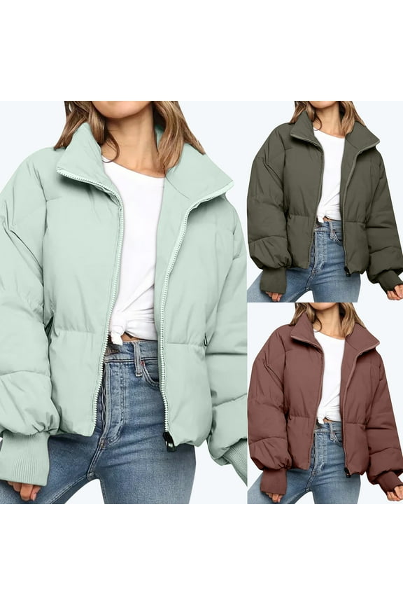 Women鈥檚 Winter Cropped Puffer Jacket Coat Casual Quilted Baggy Long Sleeve Zip Down Jackets Outerwear Coffee,M