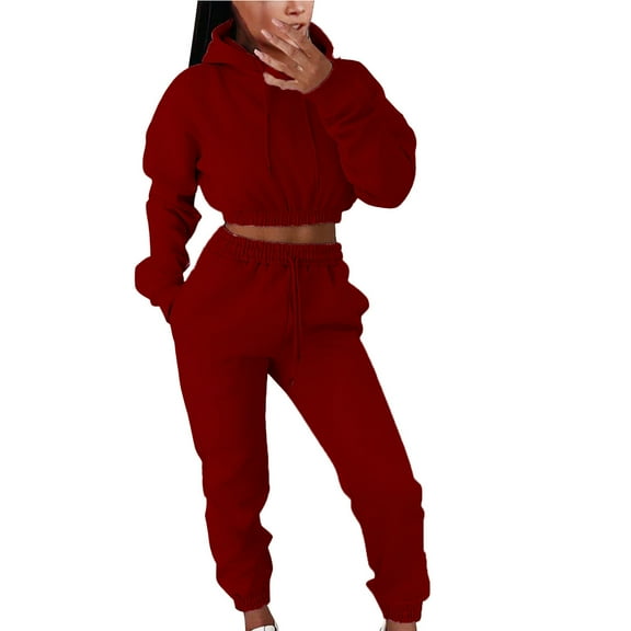 YUGYXL Women's Workout 2 Piece Outfits Tracksuit Long Sleeve Crop Tops Joggers Pants Sets Sweatsuits Red M