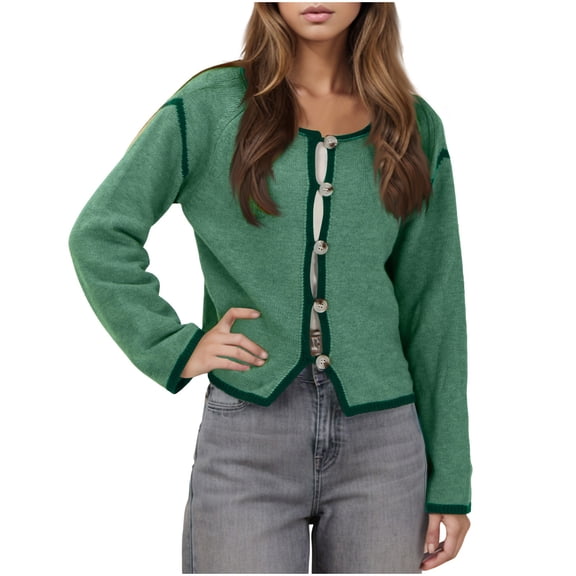 YUGYXL Women's Y2K Button Down Knit Cardigan Long Sleeve Color Block Casual Sweater Coat Outwear Fall Crewneck Trendy Tops Green S