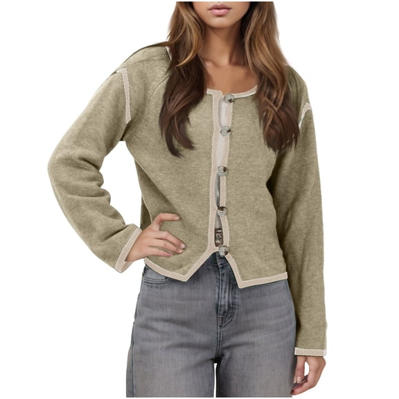 YUGYXL Women's Y2K Button Down Knit Cardigan Long Sleeve Color Block Casual Sweater Coat Outwear Fall Crewneck Trendy Tops Khaki L