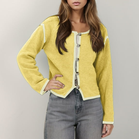 YUGYXL Women's Y2K Button Down Knit Cardigan Long Sleeve Color Block Casual Sweater Coat Outwear Fall Crewneck Trendy Tops Yellow M