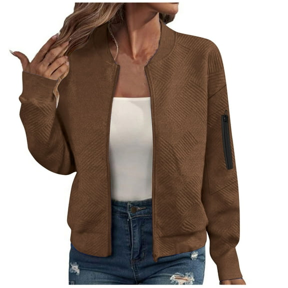 YUGYXL Women's Zip Up Cropped Jacket Loose Long Sleeve Round Neck Lightweight Coat Casual Coarse Knitted Baseball Jacket Brown L