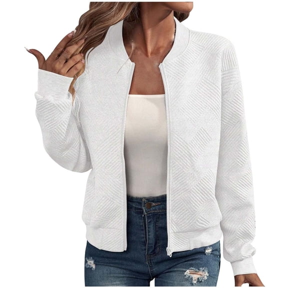 YUGYXL Women's Zip Up Cropped Jacket Loose Long Sleeve Round Neck Lightweight Coat Casual Coarse Knitted Baseball Jacket White XL