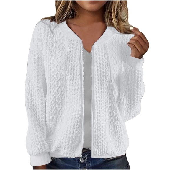 YUGYXL Women's Zip up Sweatshirt Jacket Stand Collar Hoodless Outerwear Casual Coat with Pockets White L