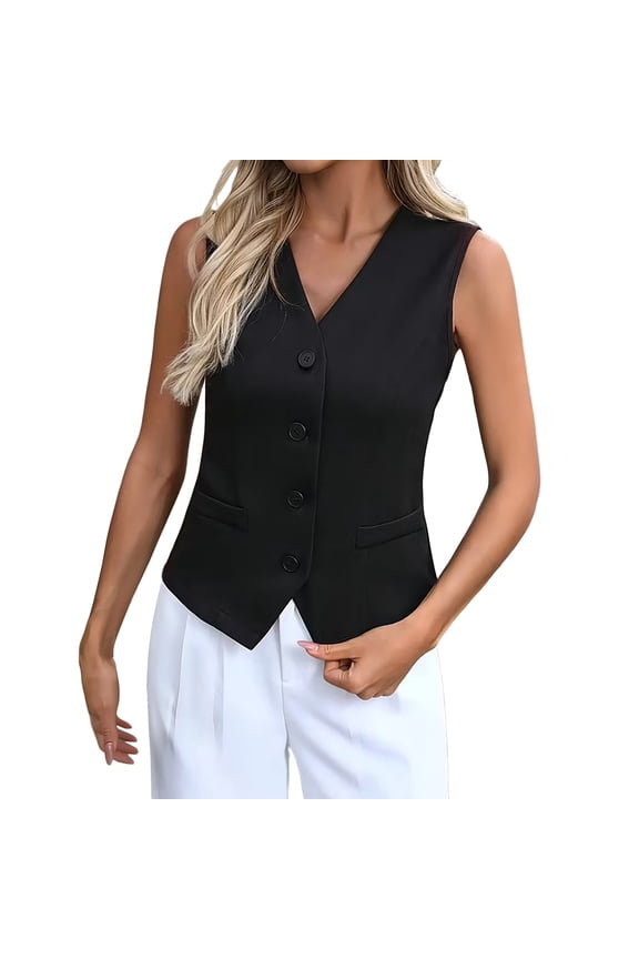 Women's suit vest V-neck sleeveless button top Business casual vest Professional commuter jacket Suitable for office L Black