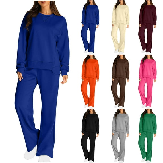 YUGYXL Womens 2 Piece Activewear Outfits Fashion Side Split Crew Neck Pullover Sweatshirt Match Wide Lrg Pants Y2K Jogger Sweatsuit Lightning Of The Day Brown,XXL