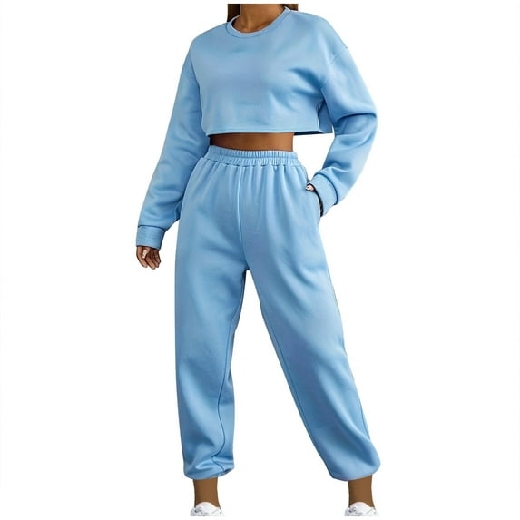 YUGYXL Womens 2 Piece Outfits Casual Crewneck Cropped Sweatshirt Lounge Jogger Pants Pullover Long Sleeve Sweatsuit Sets Sky Blue XL