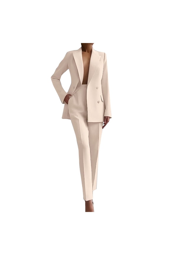 Womens 2 Piece Outfits Double Breasted Blazer and Straight Leg Work Pants Casual Blazer Set Dressy Business Office Suits Beige M